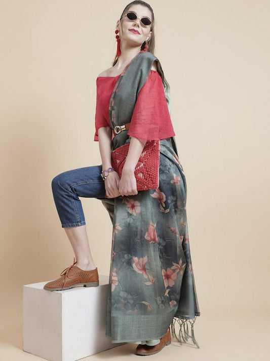AKS Floral Printed Organza Saree
