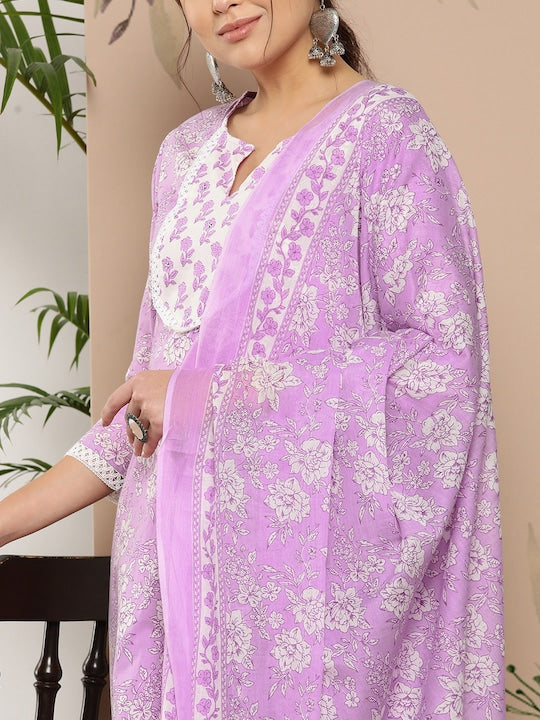 Yufta Ethnic Motifs Printed Pure Cotton Kurta With Trousers & With Dupatta - S