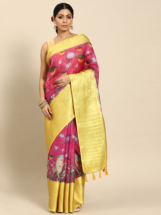 Silk Land Floral Printed Zari Pichwai Muga Silk Saree