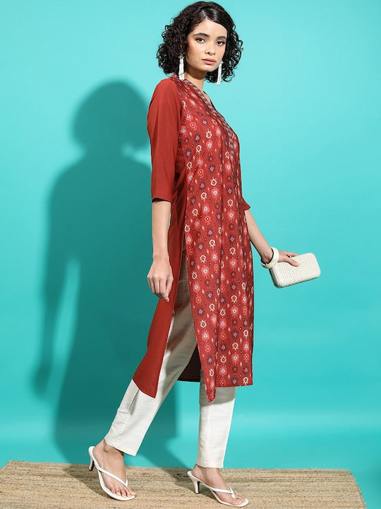 Vishudh Rust Ethnic Motif Printed Straight Kurta