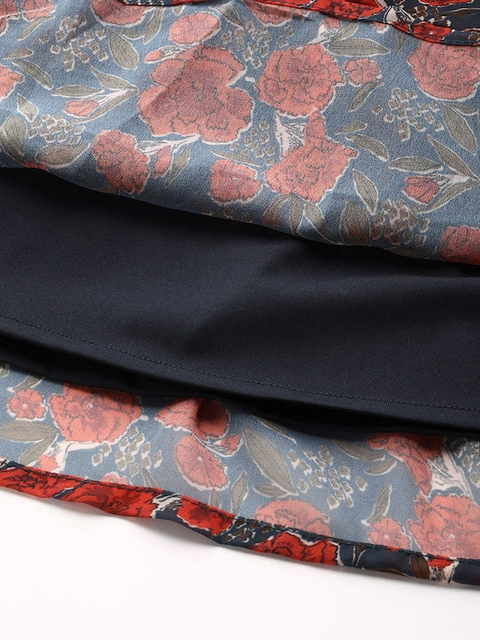 All about you Navy Blue & Maroon Floral A-Line Dress