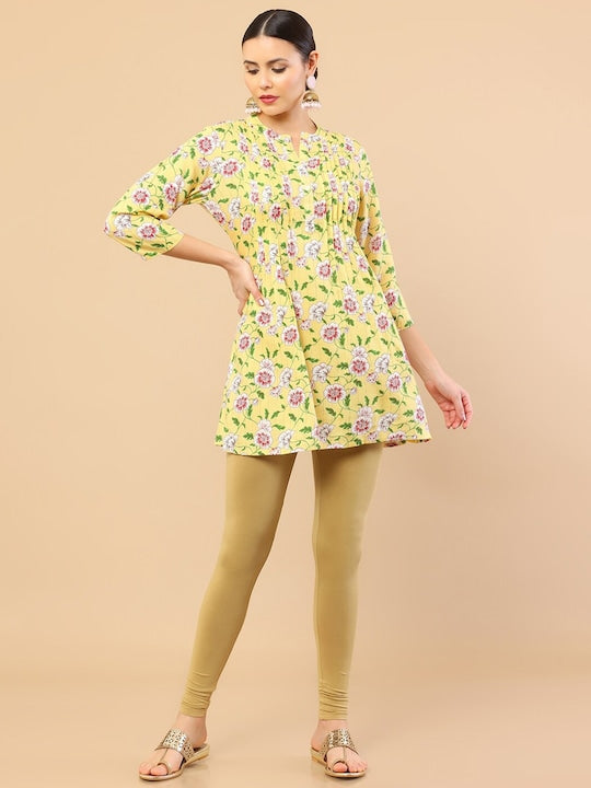 Soch Yellow & White Mandarin Collar Floral Printed Tunic - XL