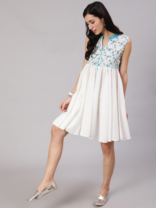AKS Floral Printed Mandarin Collar Cotton Fit and Flare Dress