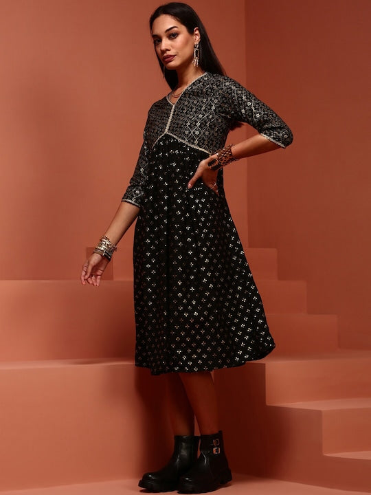 IMARA Ethnic Motifs Printed Gathered Empire Ethnic Dress