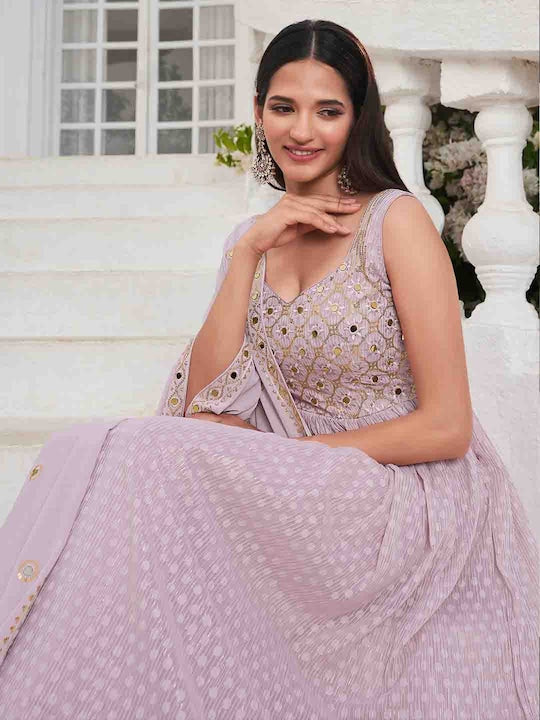Mitera Lavender Embroidered Mirror Work Anarkali Kurta & Palazzos With Dupatta - XL