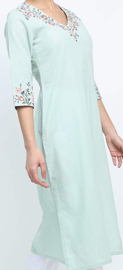 Vishudh Women Green Ethnic Motifs Embroidered Thread Work Cotton Kurta