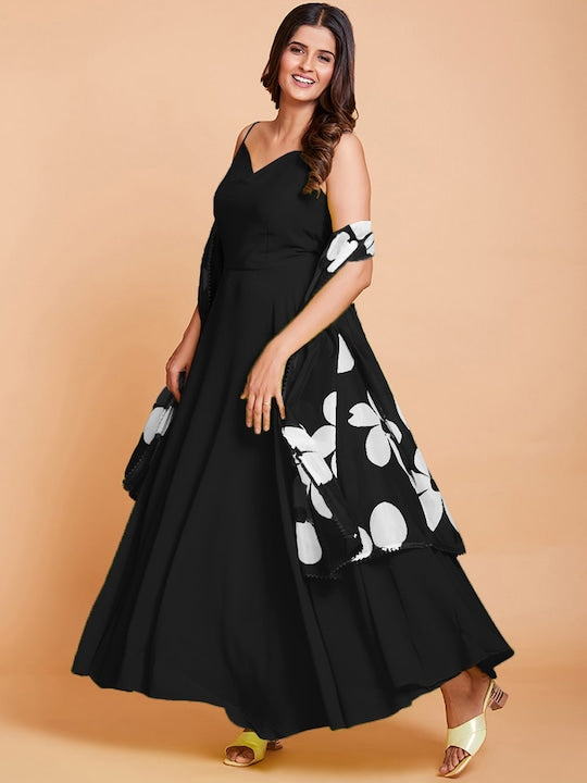 Fusionic Floral Printed Georgette Fit & Flare Dress With Dupatta