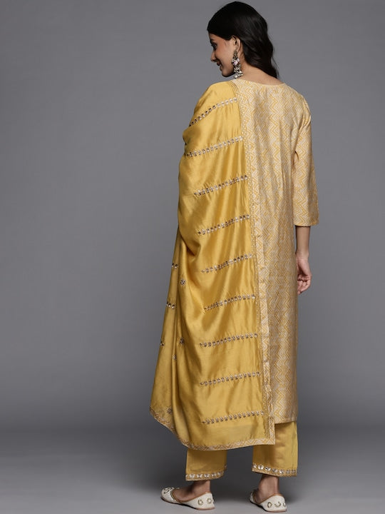 Varanga Women Mustard Yellow Printed Mirror Work Kurta with Trousers & Dupatta