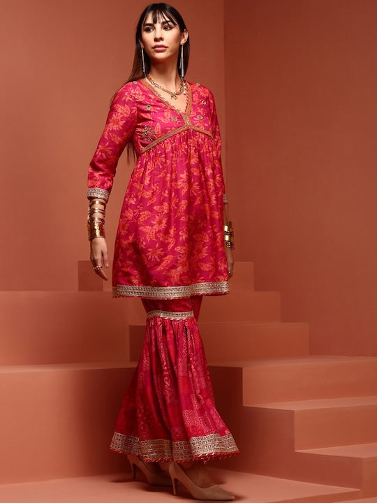 IMARA Floral Printed Anarkali Kurti & Sharara With Dupatta