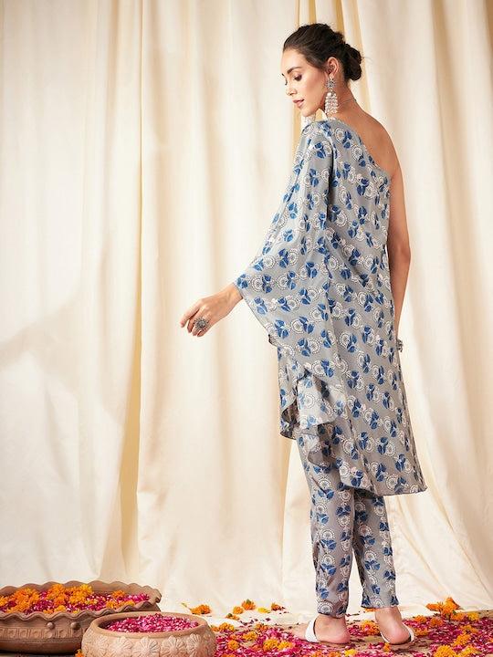 Shae by Sassafras Grey Ethnic Motifs Printed One Shoulder Kaftan Kurta