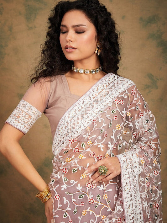 Sangria Floral Embroidered Net Sarees