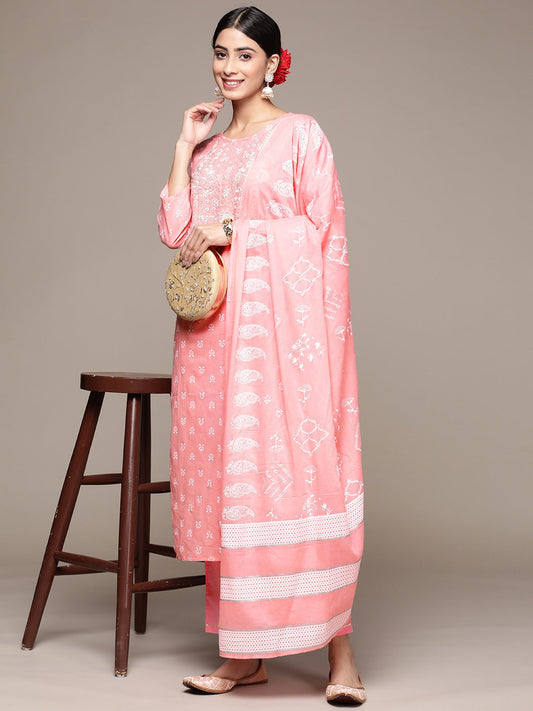 Anubhutee Women Floral Printed Mirror Work Pure Cotton Kurta With Trousers & Dupatta - XL