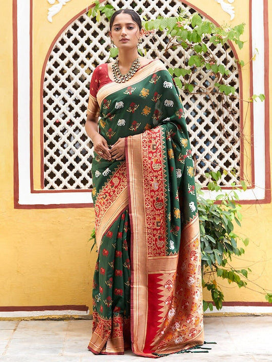Janasya Ethnic Motifs Woven Design Zari Silk Cotton Patola Saree