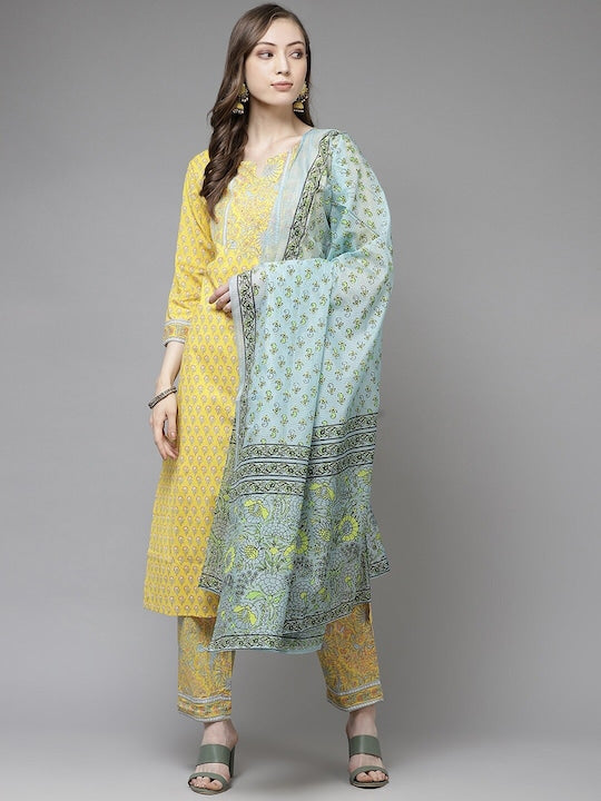 Yufta Floral Printed Pure Cotton Kurta with Trousers & Dupatta