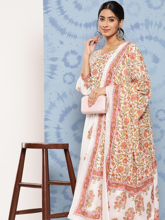 Yufta Floral Printed Regular Pure Cotton Kurta with Trousers & With Dupatta White