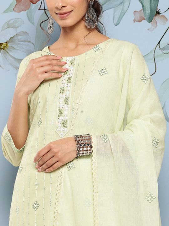 Yufta Ethnic Motifs Embroidered Sequinned Pure Cotton Kurta With Trousers & Dupatta