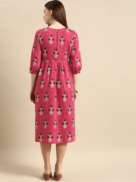 All about you Pink & Green Floral Printed Puff Sleeves Gathered A-Line Midi Dress