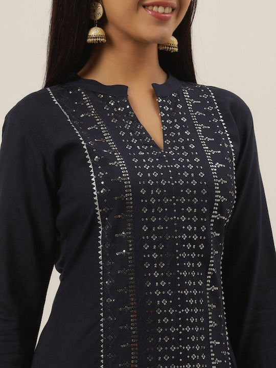 Yufta Women Navy Blue Ethnic Motifs Yoke Design Regular Sequinned Kurta with Palazzos & With Dupatta
