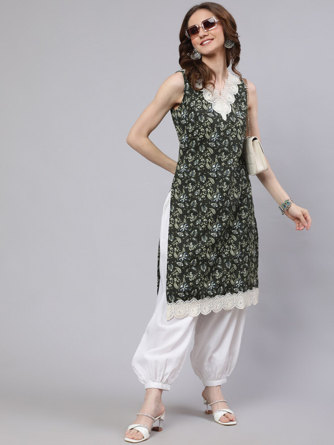 AKS Ethnic Motifs Printed Lace Detail Pure Cotton Straight Kurta