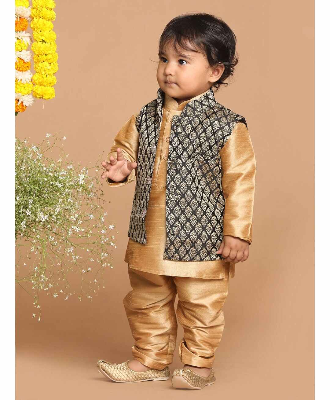 VASTRAMAY SISHU Full Sleeves Solid Kurta & Pyjama With Damask Motif Printed Nehru Jacket - Rose Gold & Blue