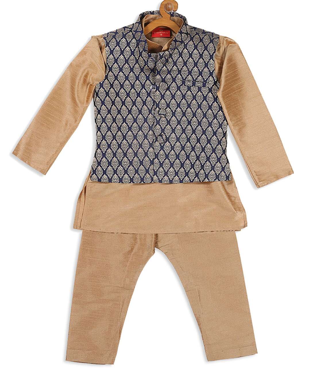 VASTRAMAY SISHU Full Sleeves Solid Kurta & Pyjama With Damask Motif Printed Nehru Jacket - Rose Gold & Blue