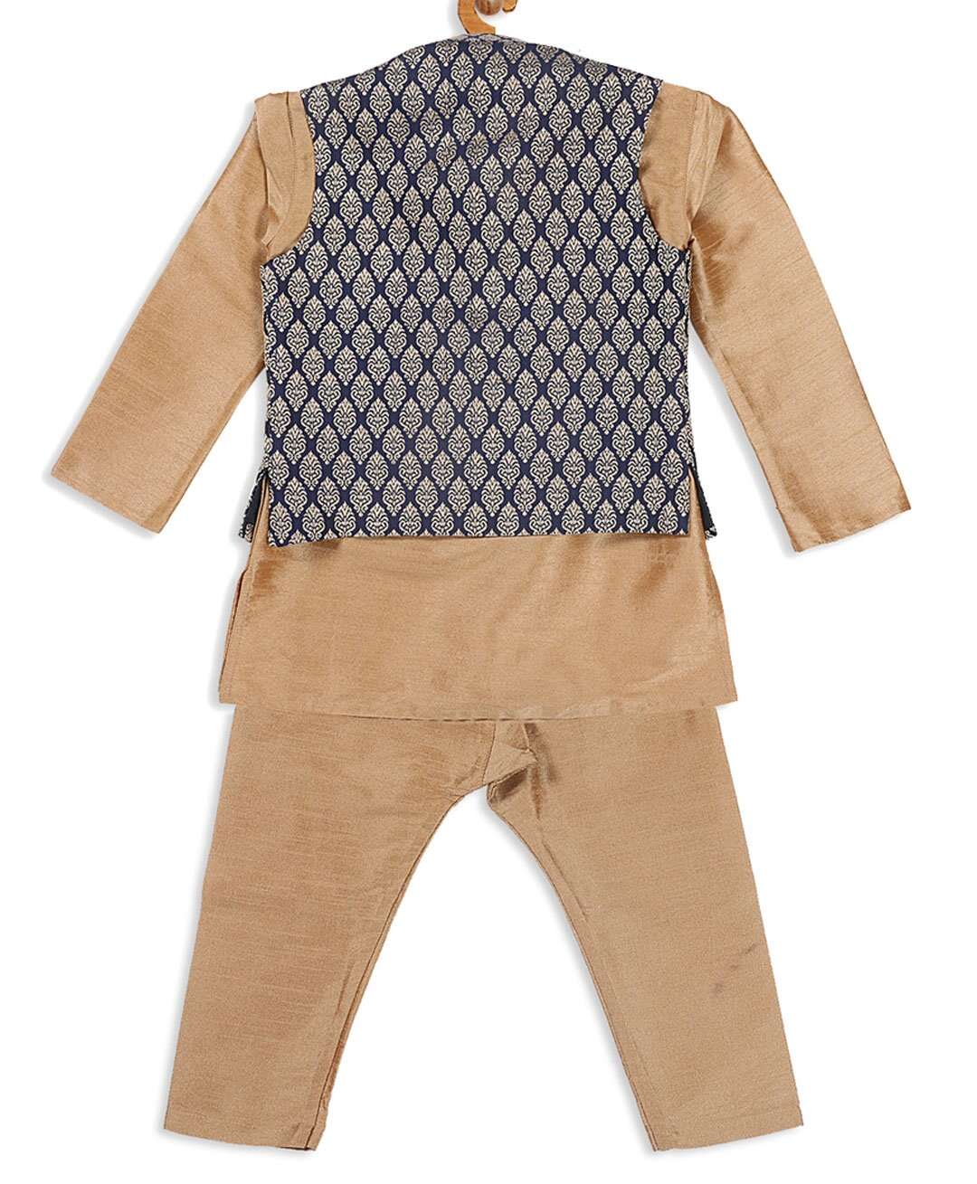 VASTRAMAY SISHU Full Sleeves Solid Kurta & Pyjama With Damask Motif Printed Nehru Jacket - Rose Gold & Blue