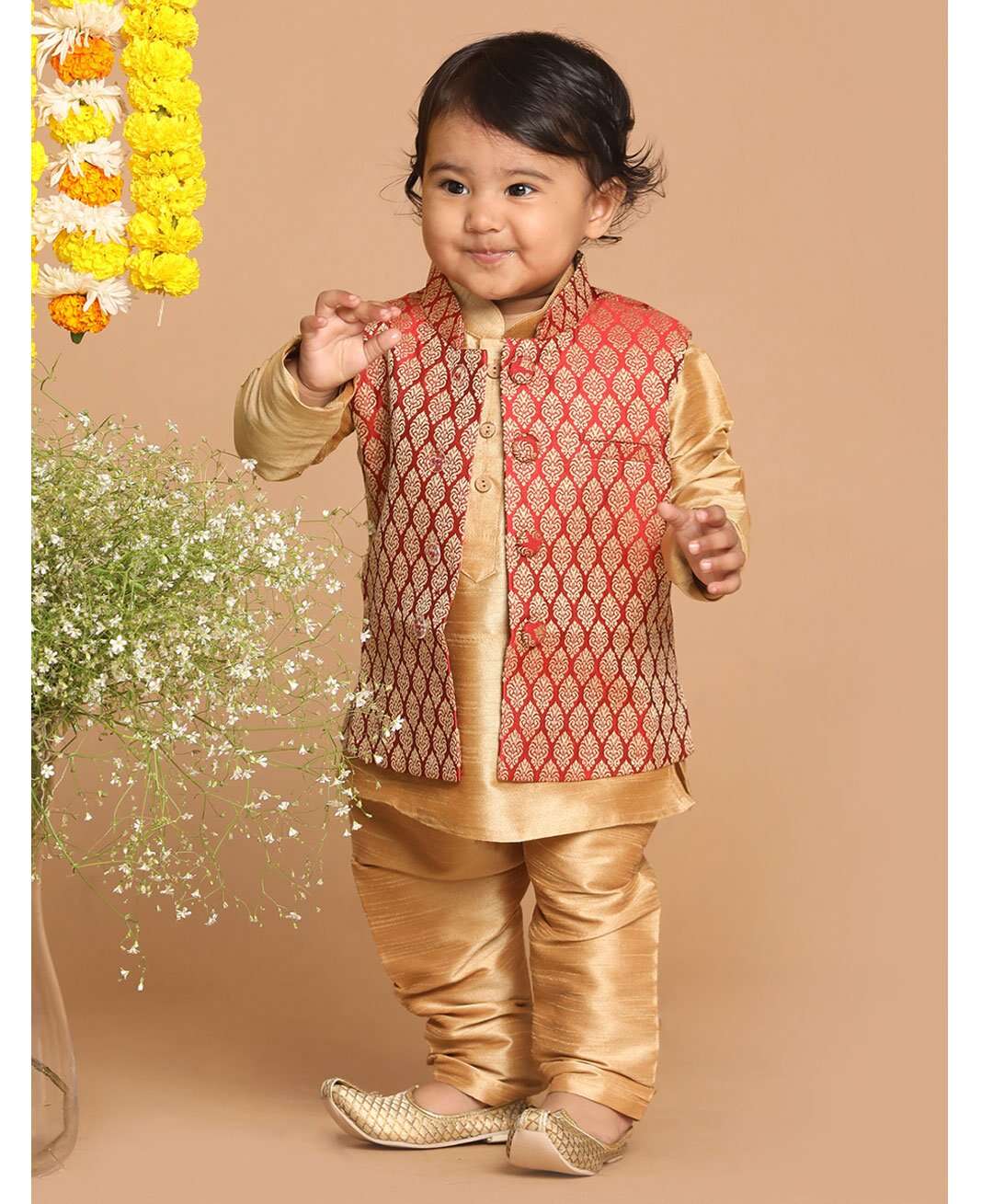 VASTRAMAY SISHU Full Sleeves Solid Kurta & Pyjama With Damask Motif Printed Nehru Jacket - Rose Gold & Blue