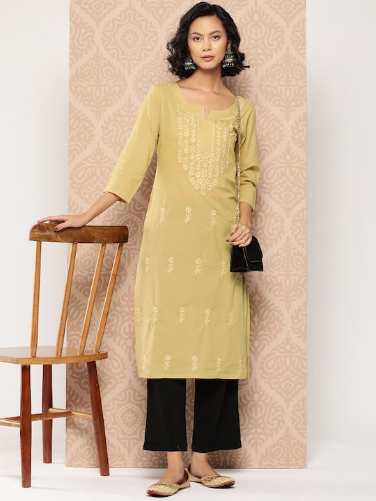 Yufta Floral Embroidered Chikankari Cotton Kurta