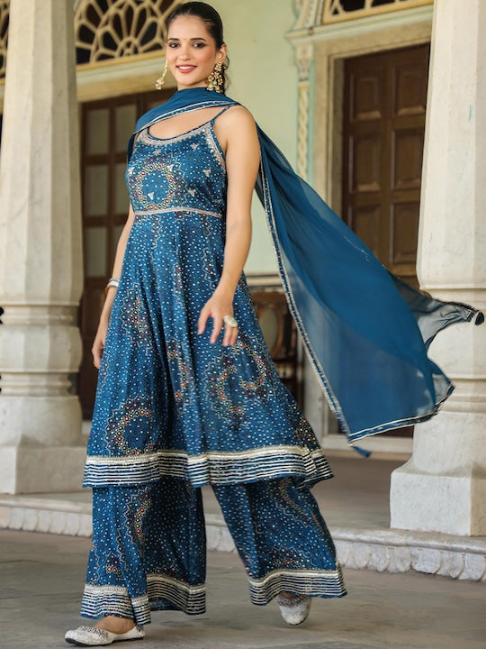 Scakhi Bandhani Printed Shoulder Straps Mirror Work Anarkali Kurta With Sharara & Dupatta