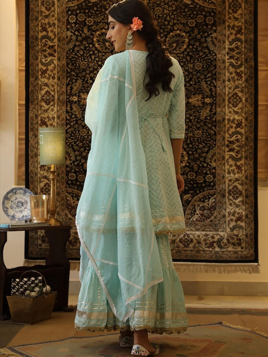 Scakhi Floral Chikankari Embroidered Pure Cotton Kurti With Sharara & Dupatta