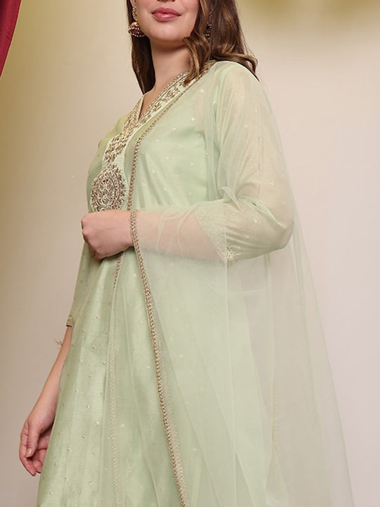 House of Pataudi Ethnic Motifs Embroidered V-Neck Straight Kurta With Trouser & Dupatta