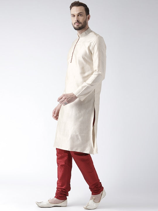 Deyann Men Cream-Coloured & Maroon Self Design Kurta with Churidar