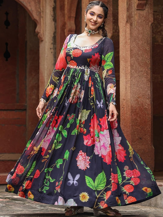 Scakhi Floral Printed Mirror Work Gown Maxi Ethnic Dress
