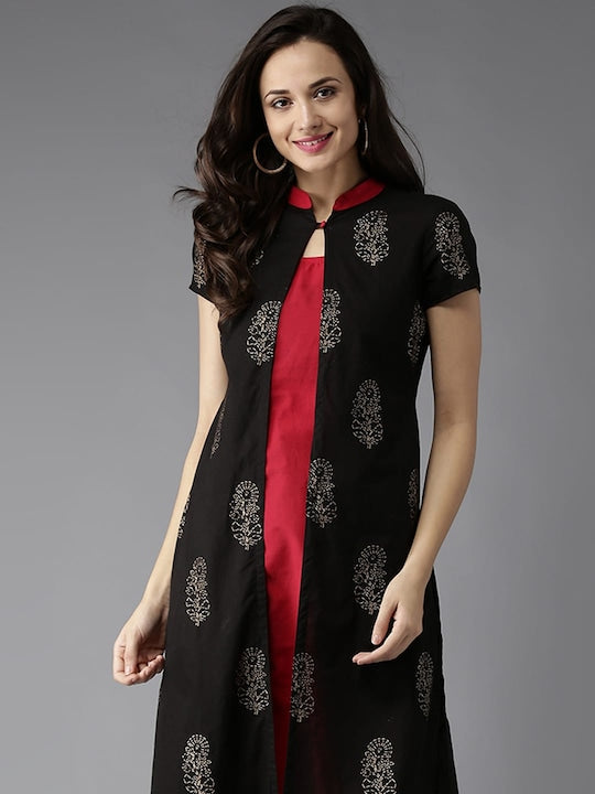 Here&now Women Black & Red Printed Layered A-Line Kurta