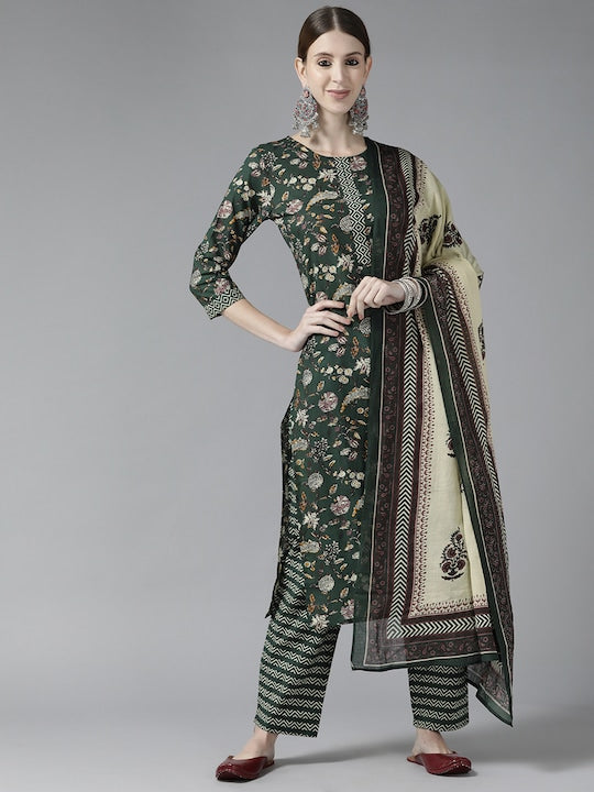 Yufta Women Green Floral Printed Pure Cotton Kurta with Trousers & With Dupatta