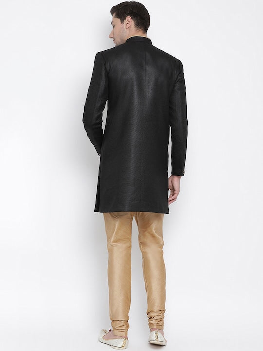 Vastramay Men Black & Rose Gold Angrakha Style Sherwani Set