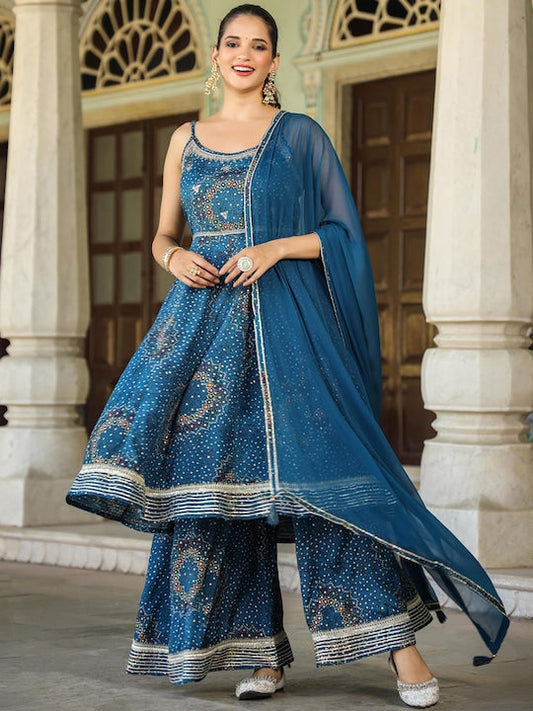 Scakhi Bandhani Printed Shoulder Straps Mirror Work Anarkali Kurta With Sharara & Dupatta