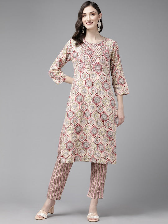 Yufta Beige Floral Print Kurta with Trousers