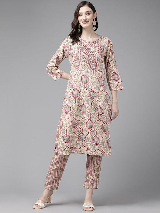 Yufta Beige Floral Print Kurta with Trousers