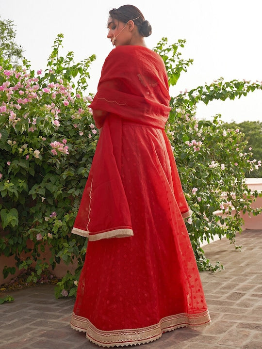 Janasya Woven Design Organza Ready to Wear Lehenga & Blouse With Dupatta