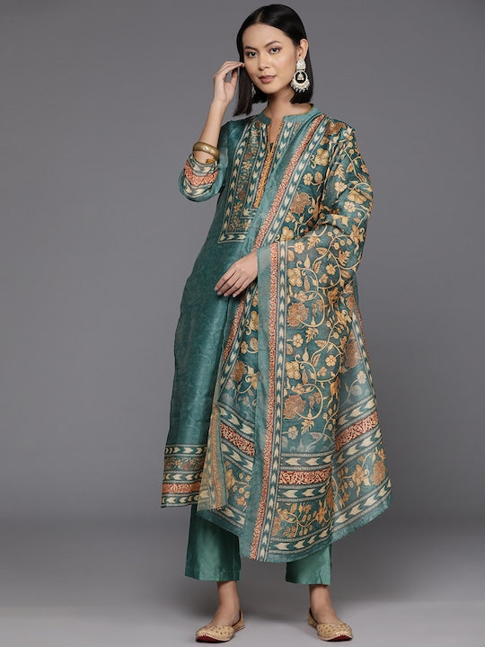 Varanga Women Floral Yoke Design Regular Chanderi Silk Kurta with Trousers & Dupatta