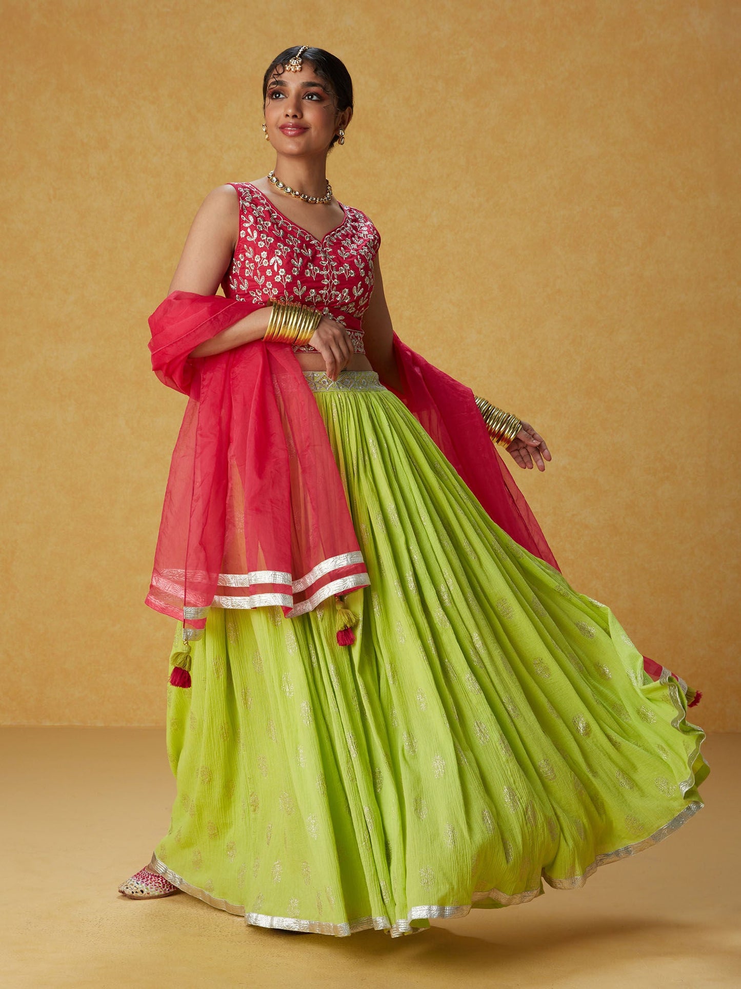 Likha Ghoomar Pink and Green Embroidered Lehenga Choli with Dupatta LIKLEH17 (Set of 3)