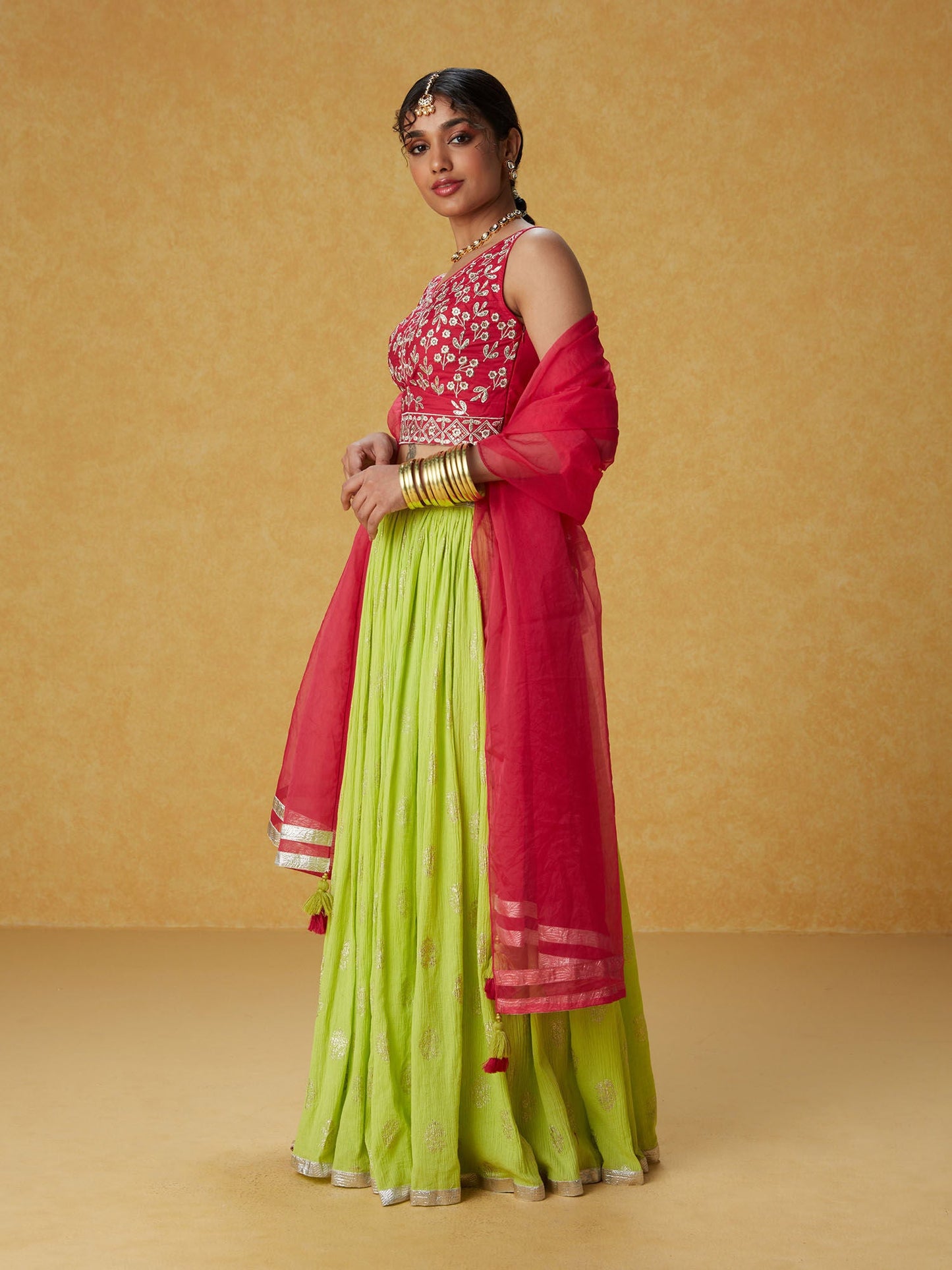 Likha Ghoomar Pink and Green Embroidered Lehenga Choli with Dupatta LIKLEH17 (Set of 3)