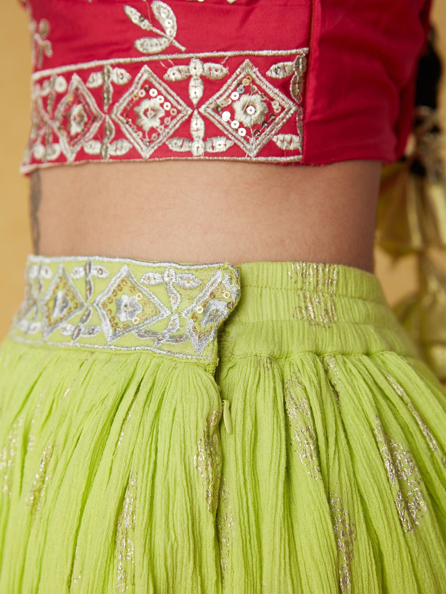 Likha Ghoomar Pink and Green Embroidered Lehenga Choli with Dupatta LIKLEH17 (Set of 3)