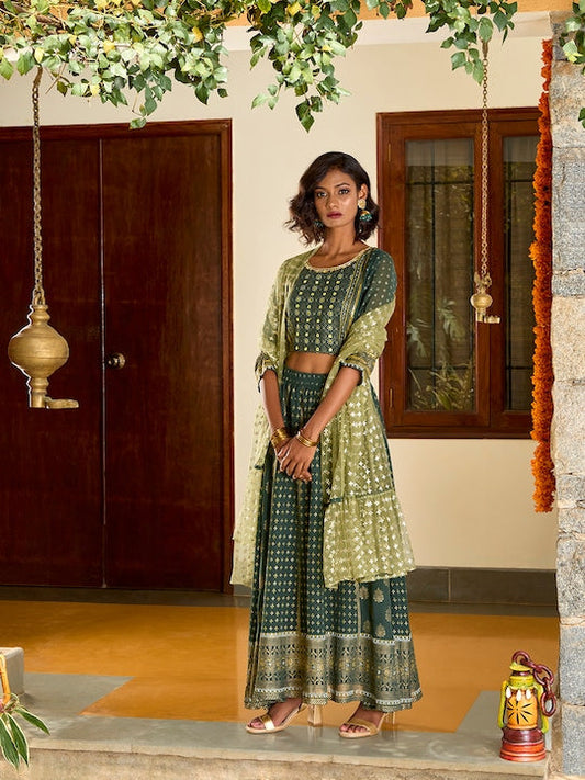 Aurelia Women Green Ethnic Motifs Printed Top With Palazzos & Dupatta