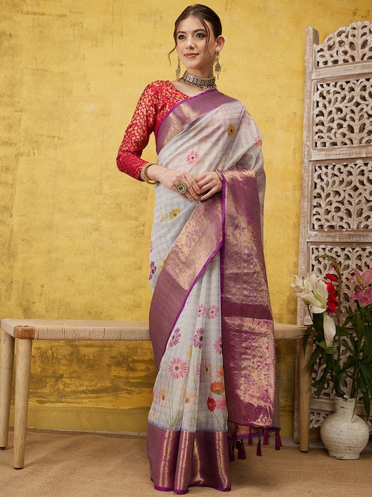 Silk Land Floral Printed Zari Muga Saree