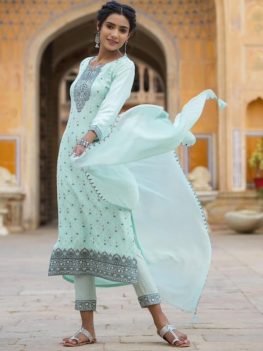 SCAKHI Ethnic Motif Embroidered Kurta With Trousers & Dupatta
