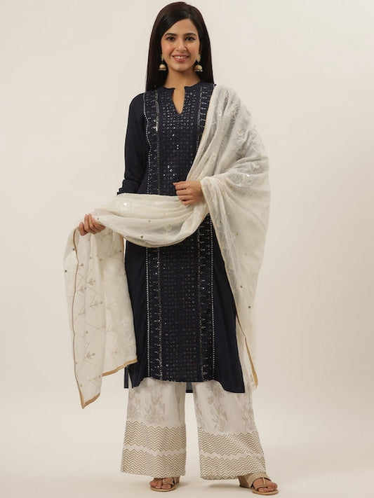 Yufta Women Navy Blue Ethnic Motifs Yoke Design Regular Sequinned Kurta with Palazzos & With Dupatta