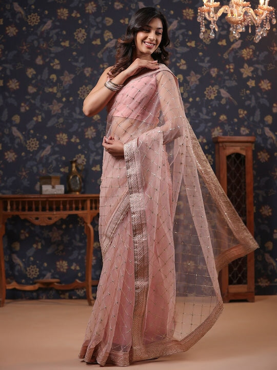 House of Pataudi Checked Embroidered Sequinned Sarees