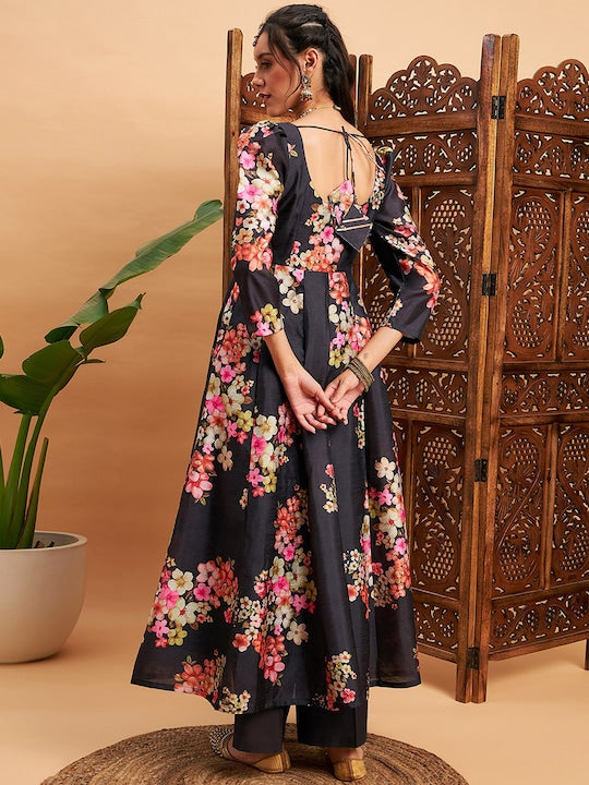 Shae by Sassafras Black & Pink Floral Printed Square Neck Puff Sleeves Anarkali Kurta